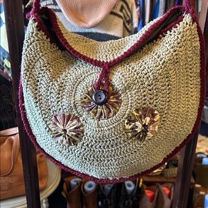 Handcrafted Beige and Burgundy Crochet Shoulder Bag